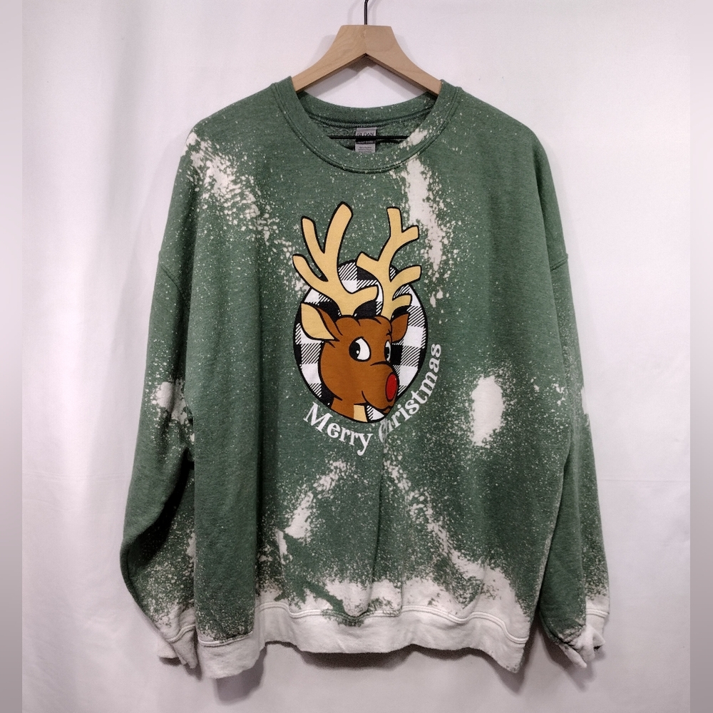 Gildan Reindeer Heavy Blend Ugly Christmas Sweater Men's 2XL Green Holiday